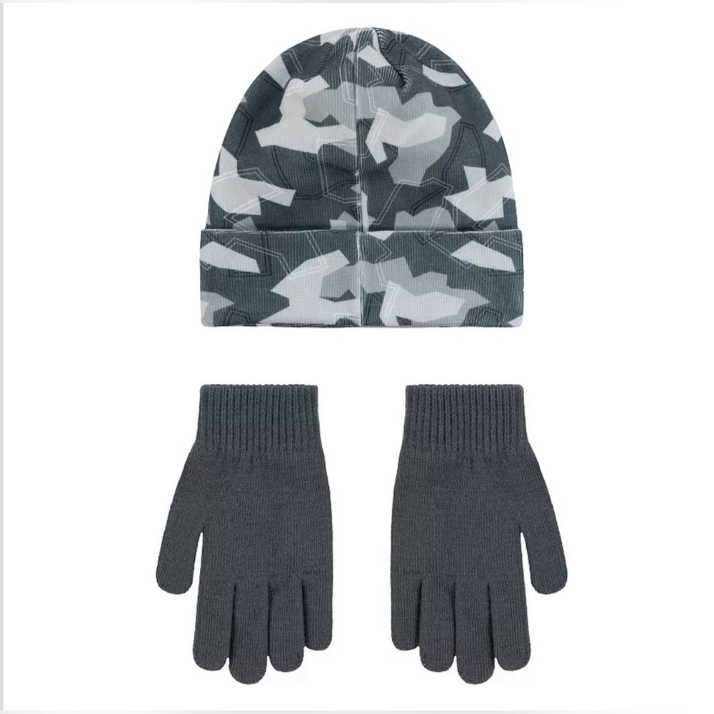 NEW Nike Gray Camo Printed Beanie Hat and Gloves Set, Youth Boys 8-20 - Picture 2 of 3